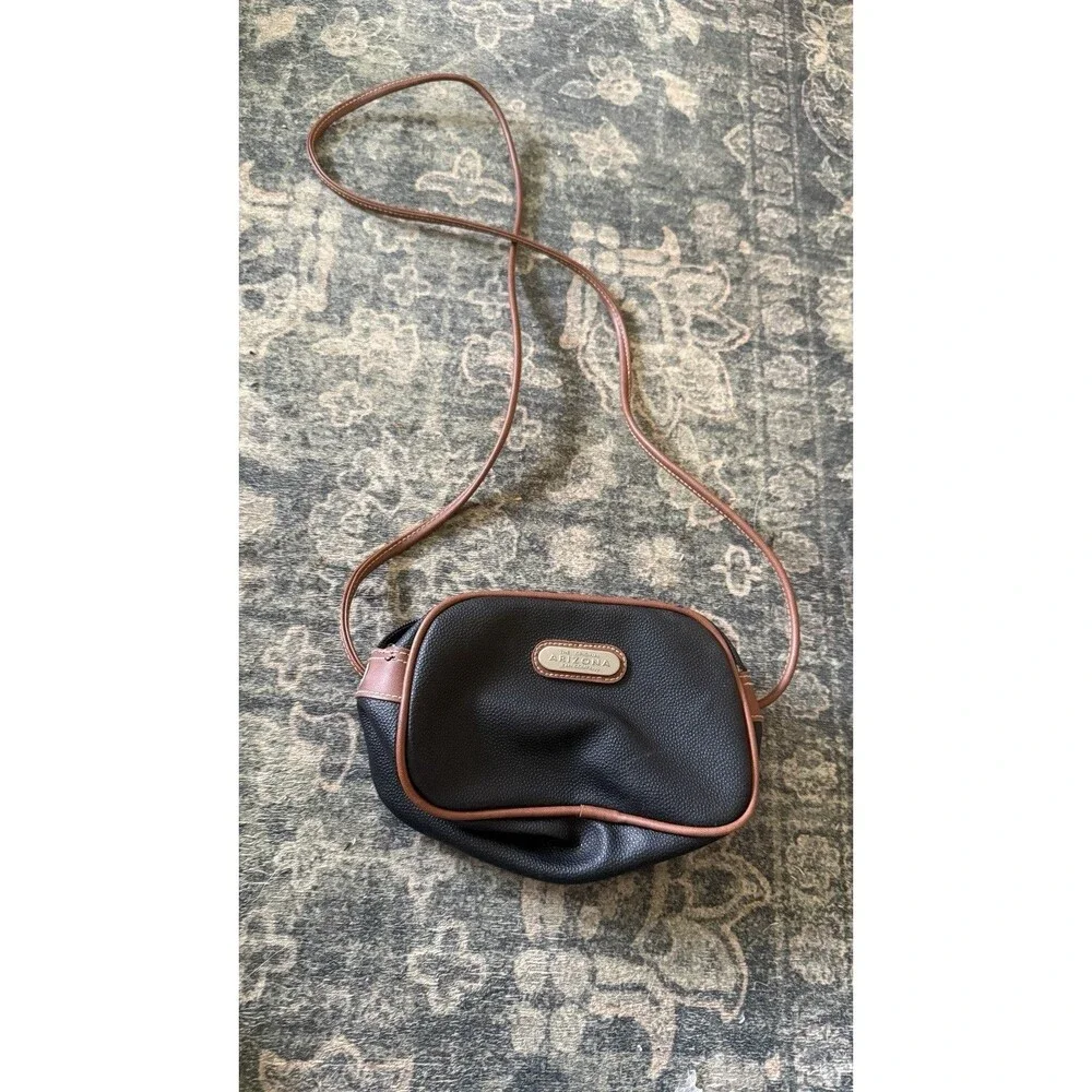 VTG The Original Arizona Jean Company Black Crossbody Bag Purse Tan Brown Trim